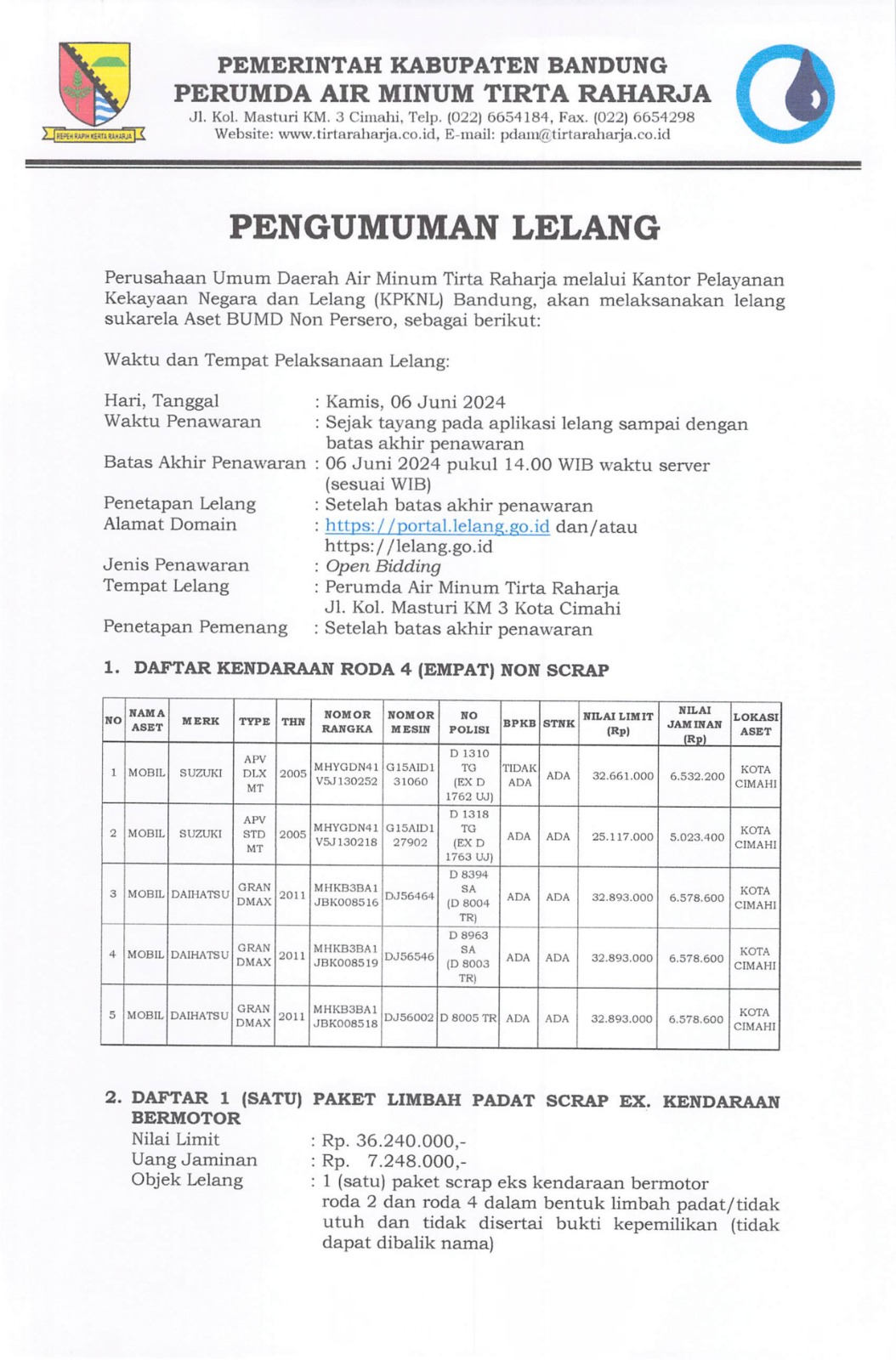 Perusahaaan Umum Daerah Air Minum Tirta Raharja Melalui Kantor Pelayanan Kekayaan Negara dan Lelang (KPKNL) Bandung Akan Melaksanakan Lelang Sukarela Aset BUMD Non Persero